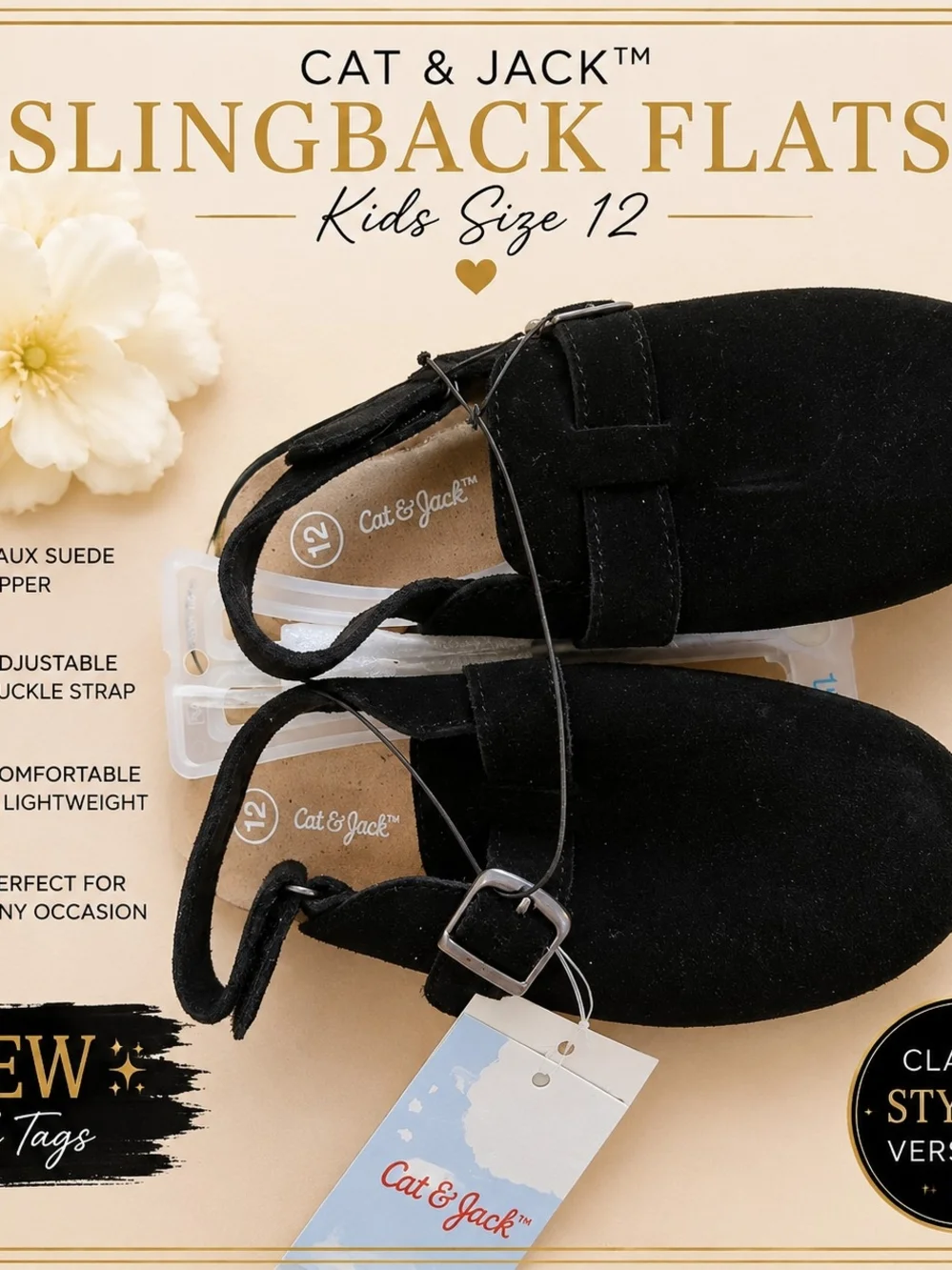 Cat & Jack Black Kids Slingback Flats Size 12